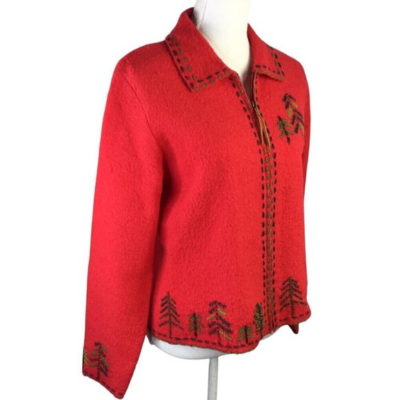 Belle Pointe Wool Jacket Women's M Red Embroidered Trees Christmas BellePointe - Picture 2 of 9